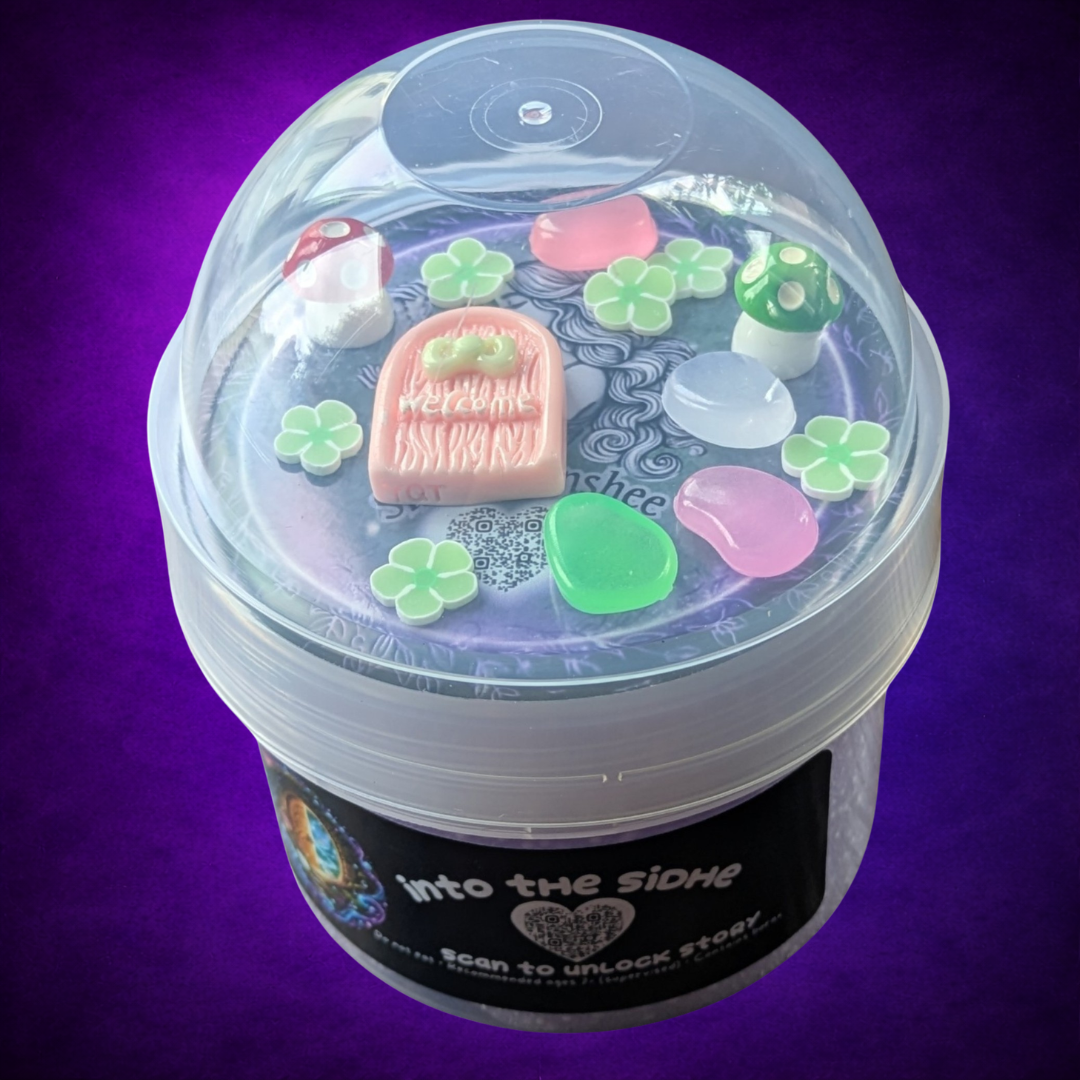Into the Sídhe purple microfloam slime in its labelled jar with a clear dome lid and woodland charms.