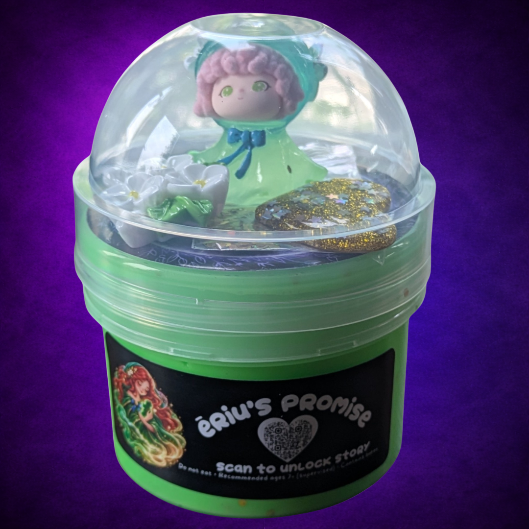 Ériu’s Promise green slime in its labelled jar with a clear dome lid and decorative charms.