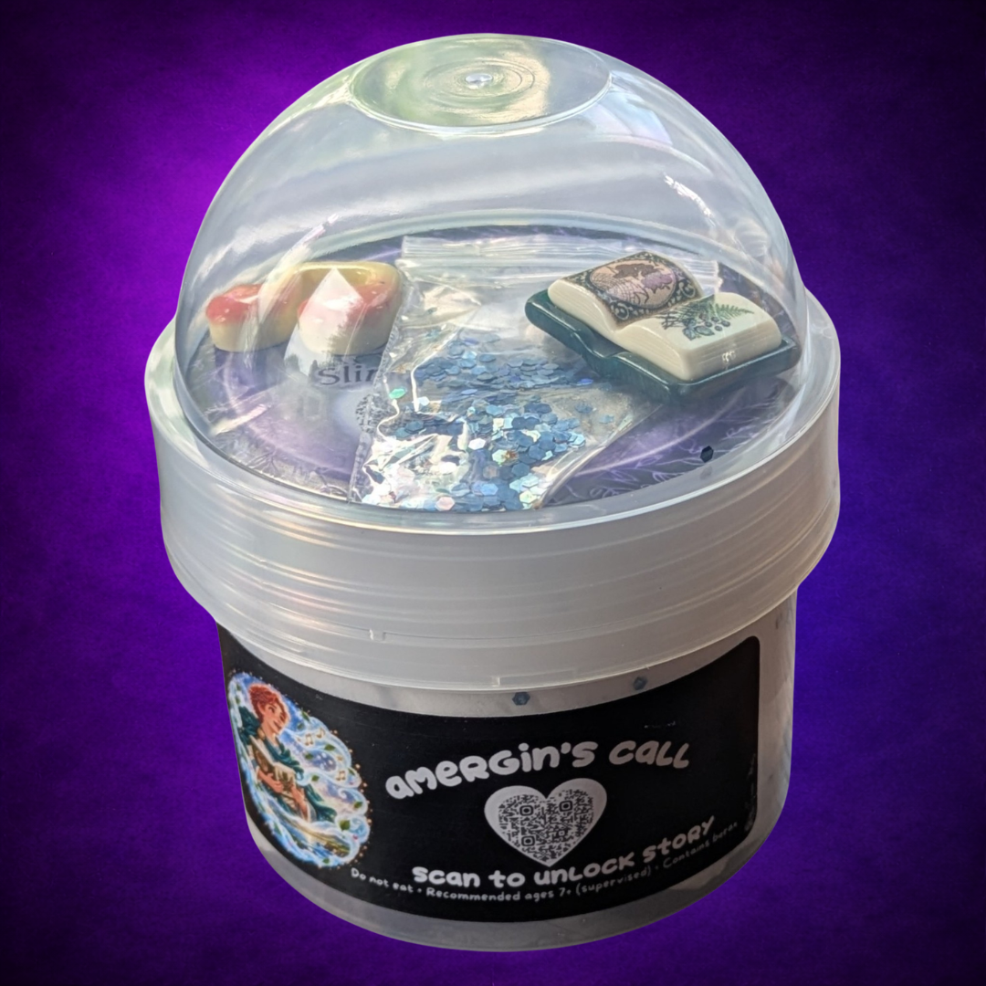 Amergin’s Call white slime in its labelled jar with a clear dome lid, storybook and music note.