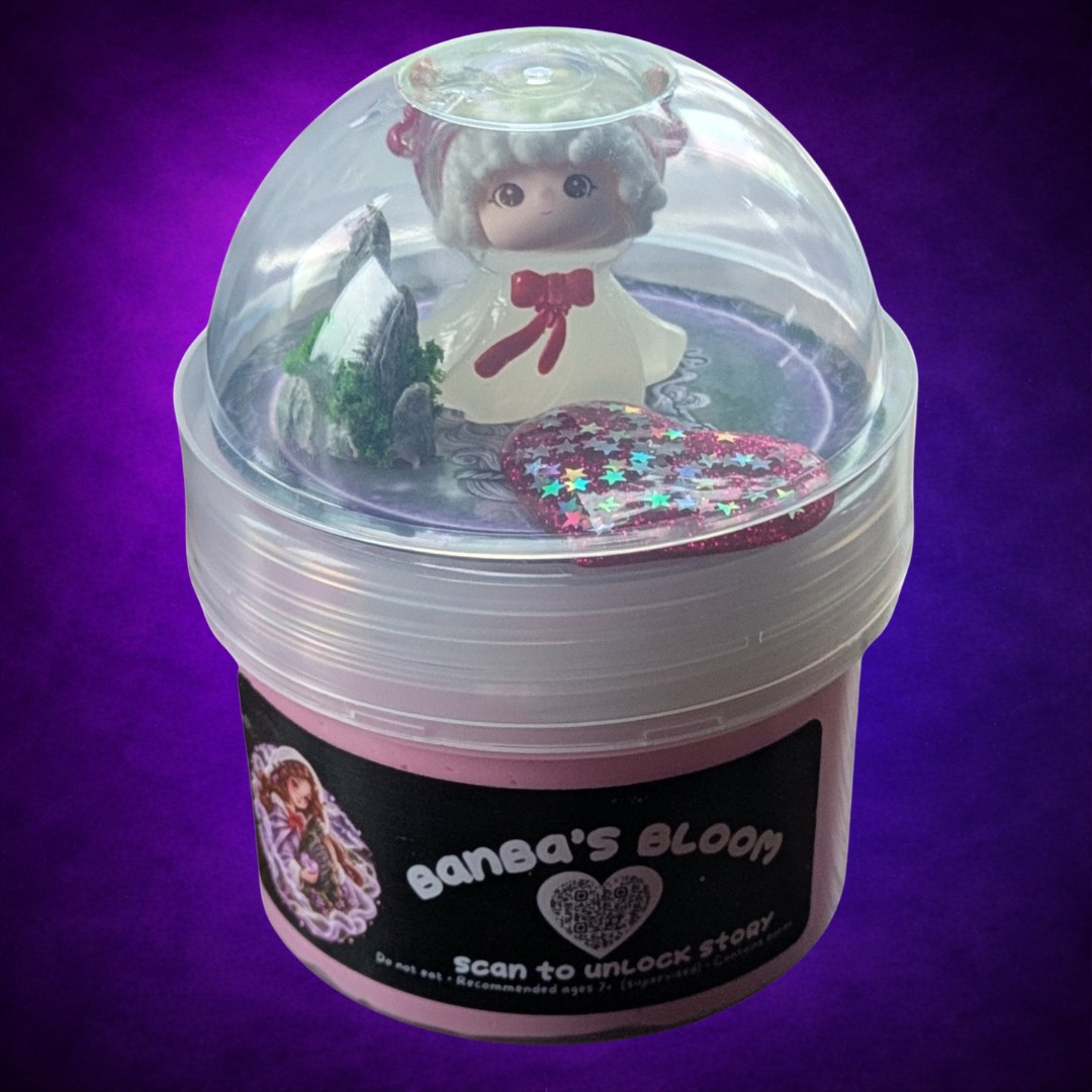 Banba’s Bloom pink and white slime in its labelled jar with a clear dome lid and charms.